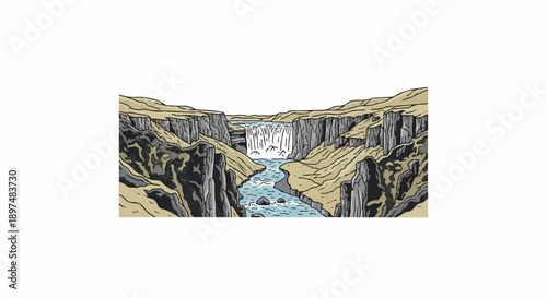 A striking waterfall cascades into a river cutting through rugged canyon walls