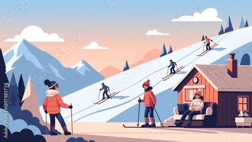 Winter mountain scene with skiers on slope and person relaxing by cozy cabin