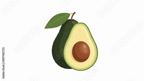 Whole and halved green avocado with leaf on white background