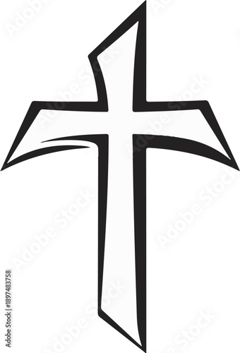 Stylized black cross with sharp, angular arms and curved accents