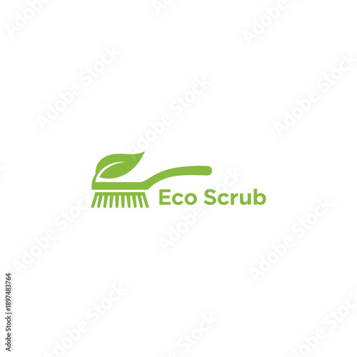 Green cleaning brush with organic leaf icon logo for eco friendly housekeeping and sustainable janitorial service brand named Eco Scrub