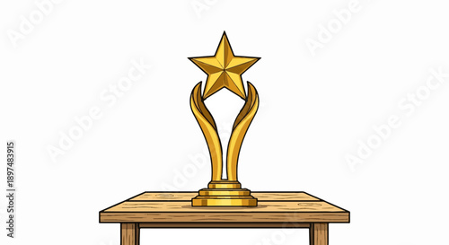 A golden star trophy held by abstract golden hands on a wooden surface