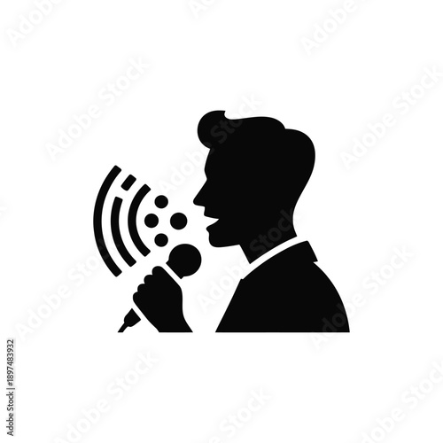 A silhouette of a person speaking into a microphone with sound waves emanating isolated on white background, Vector, illustration