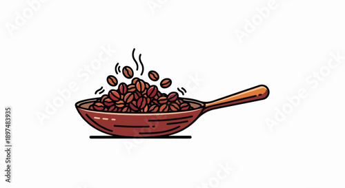 Roasted coffee beans tumble from a pan, releasing wisps of steam