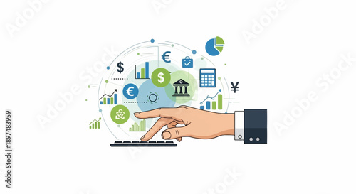 Hand interacts with digital financial icons, charts, and currency symbols