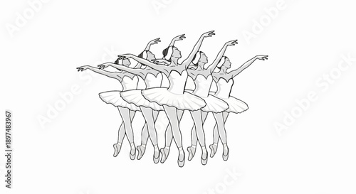 Stylized sketch of multiple ballerinas in tutus, arms raised in unison