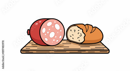 Cartoon style depiction of a whole salami and half a loaf of bread on a wooden cutting board