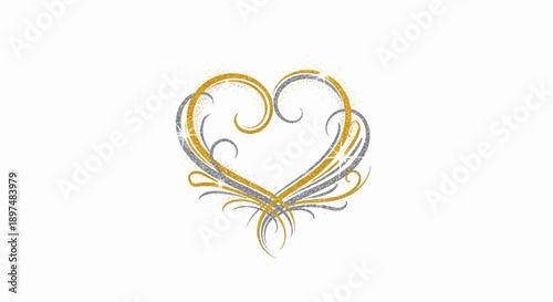 A glittery gold and silver heart shape with delicate swirling lines