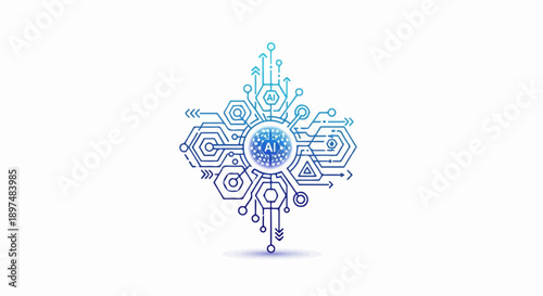 Abstract digital network illustration with central glowing sphere and connecting lines, representing AI
