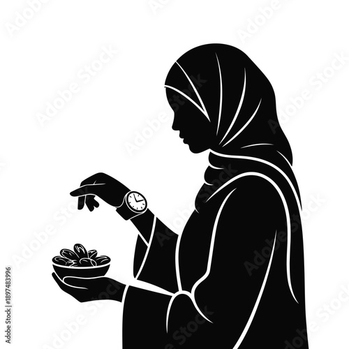 A woman in a hijab holding a bowl of fruit with a watch on her wrist isolated on white background, Vector, illustration