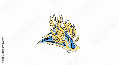 Detailed illustration of a blue and yellow nudibranch with feathery appendages