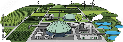 Industrial biogas facility with wind turbines and agricultural fields