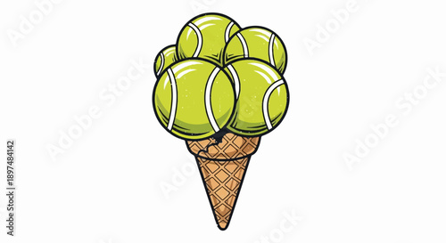 A quirky illustration of a waffle cone filled with bright green tennis balls, resembling an unusual ice cream treat