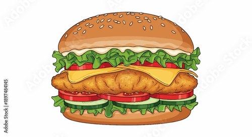 A delicious, layered chicken burger with cheese, lettuce, tomato, and cucumber on a sesame seed bun