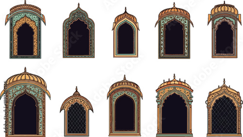 Ornate arched doorways with colorful detailed patterns and domed tops
