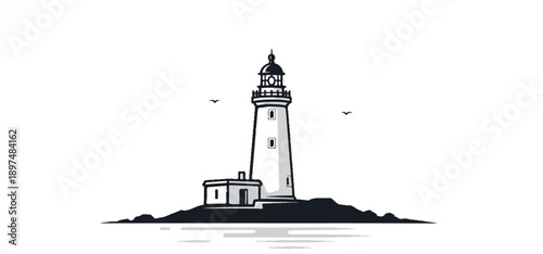 Stylized illustration of a lighthouse on a rocky island with birds flying overhead