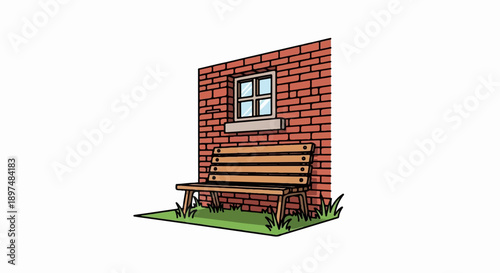A wooden bench sits before a red brick wall with a small window