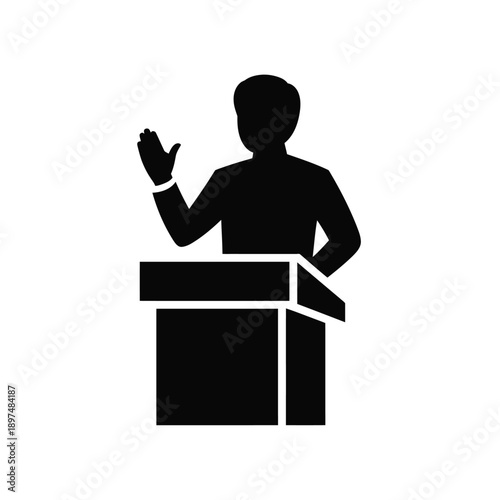 A silhouette of a person giving a speech at a podium with a microphone. isolated on white background, Vector, illustration