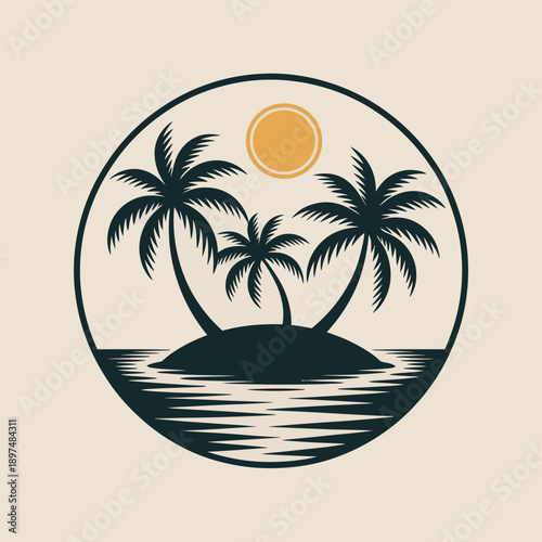 Tropical island with palm trees and a rising sun in a circular frame isolated on white background, Vector, illustration