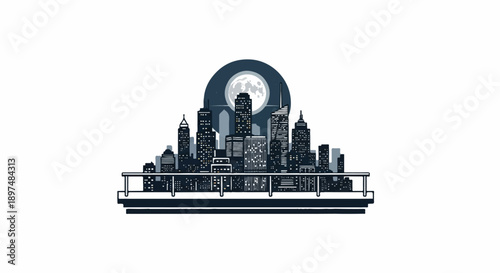 City skyline under a full moon, illuminated skyscrapers, and a reflective surface