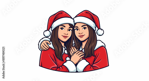 Two smiling young women in festive Santa hats and red outfits