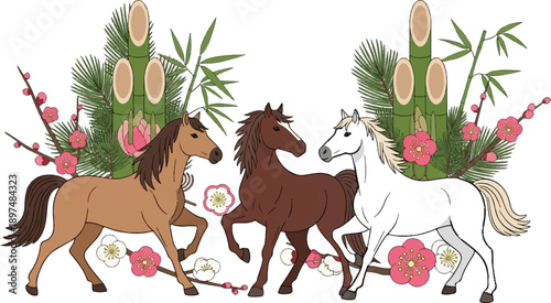 Three horses, pink blossoms, pine, and bamboo create a festive, celebratory composition