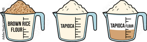 Three measuring cups filled with different powders, labeled for ingredients