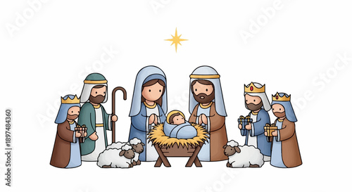 Charming cartoon depicts a nativity scene with the holy family and wise men bearing gifts, accompanied by sheep under a guiding star