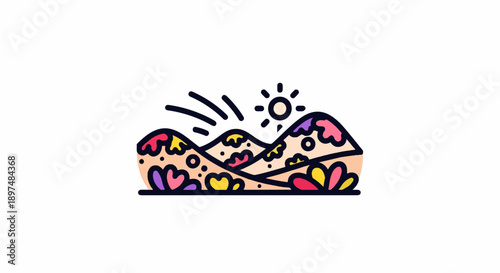 Stylized hills with a sun and colorful flora