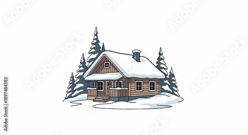 A rustic log cabin nestled among snow-covered evergreen trees in a winter landscape