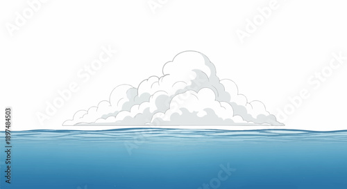 Stylized clouds drift over calm blue ocean waters under a vast white sky