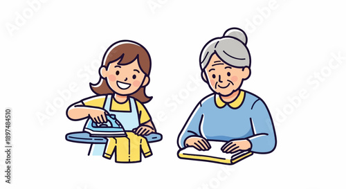 A young woman irons clothes while an elder sits at a table, suggesting intergenerational connection