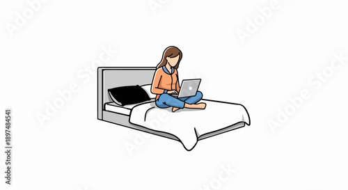 A person in casual clothes sits cross-legged on a bed with a laptop