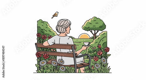 Serene woman sips tea on a garden bench, watching a gentle sunset over rolling hills