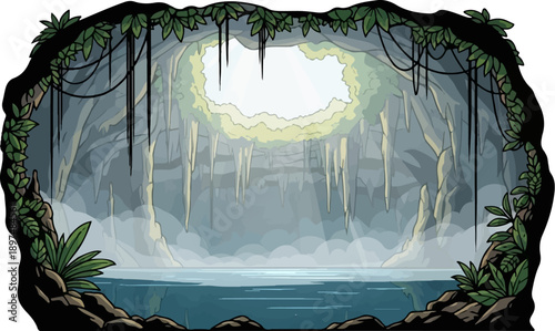 Mysterious cave opening with stalactites, vines, mist, and a tranquil pool below
