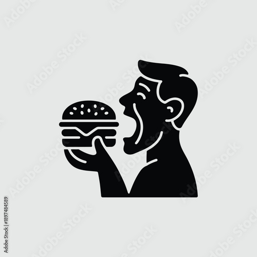 A man enjoying a delicious cheeseburger with lettuce and tomato isolated on white background, Vector, illustration