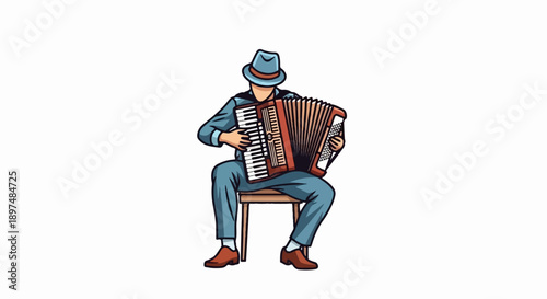 A person in a blue suit and hat plays an accordion while sitting on a chair