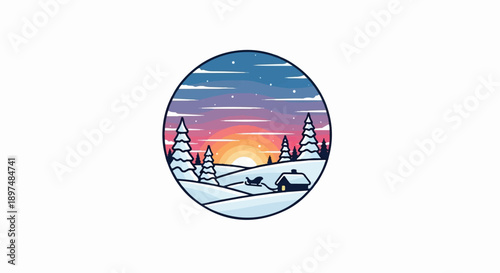 A charming circular pixel art depiction of a snowy winter landscape at sunset