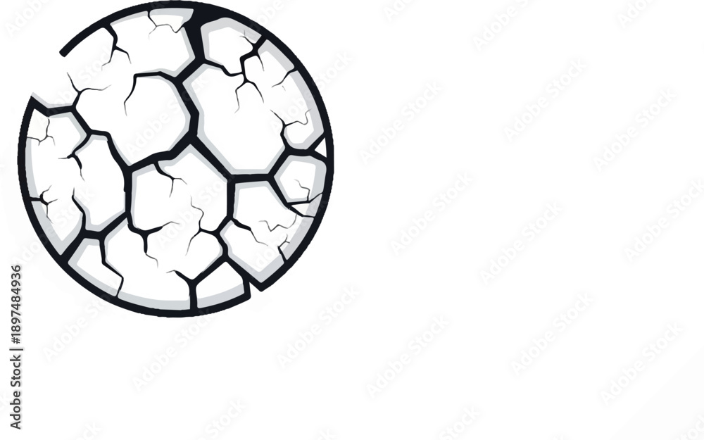 Obraz premium A cracked ball with black lines resembling a soccer ball on a white background