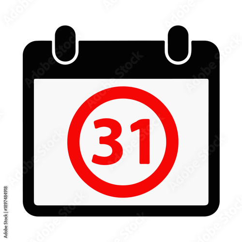 Vector calendar icon with bold number 31 in red circle indicating important date, deadline, event, or month end. clean graphic for scheduling and time management designs and applications.