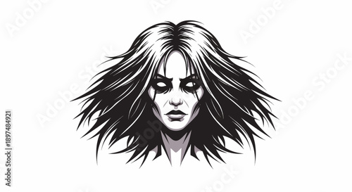 Striking monochromatic portrait of a fierce, white-eyed individual with wild, dark hair