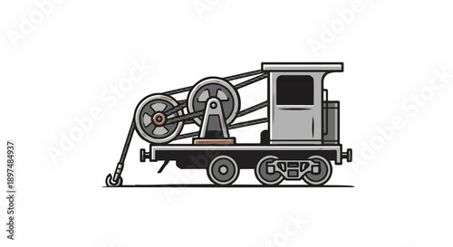 A simple, stylized illustration of a grey industrial railway crane with wheels and a hook