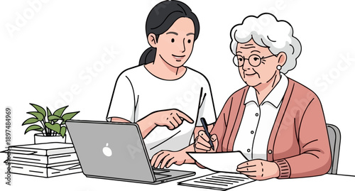 Young person guides older woman at desk with laptop, books, and plant