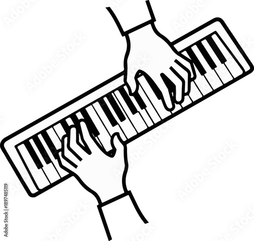 Two hands playing a keyboard instrument, depicted in a simple black and white line art style
