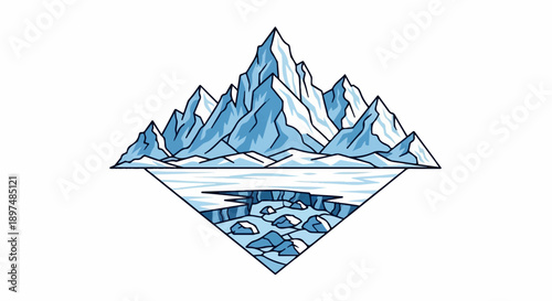 Stylized geometric illustration of sharp blue ice-covered mountains above cracked icy water