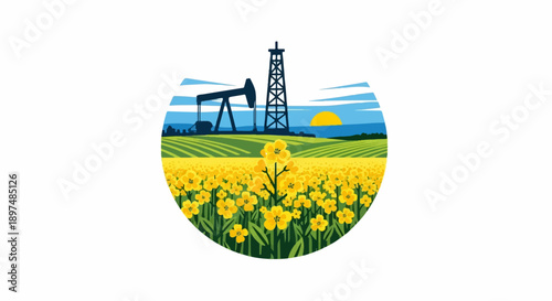 A scenic agricultural landscape featuring a vast field of blooming yellow flowers, with oil extraction equipment in the background under a bright sky