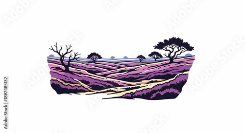 Rolling purple hills dotted with trees under a pale sky