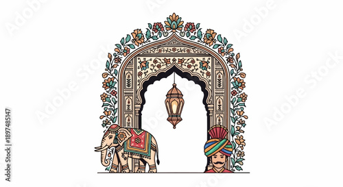 Ornate archway with elephant, man, and lamp, adorned with floral motifs