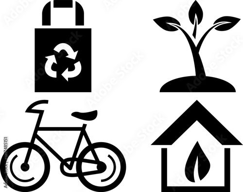 Set of eco-friendly icons including a reusable shopping bag plant bicycle and green house symbol for sustainability concepts isolated on white background