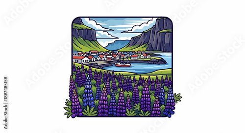 A picturesque village nestled beside a calm bay, surrounded by majestic cliffs and vibrant purple wildflowers